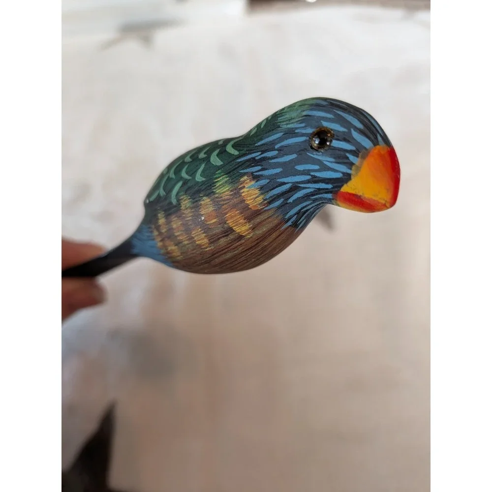 Green Parrot Hand-Carved Hand-Painted Wood Folk Art Bird Letter Opener Glass Eye